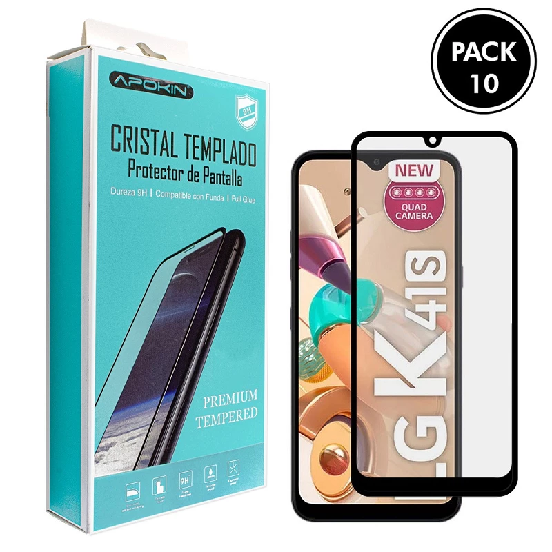 (Pack-10) Cristal templado Full Glue 9H LG K41S Protector de Pantalla Curvo Negro